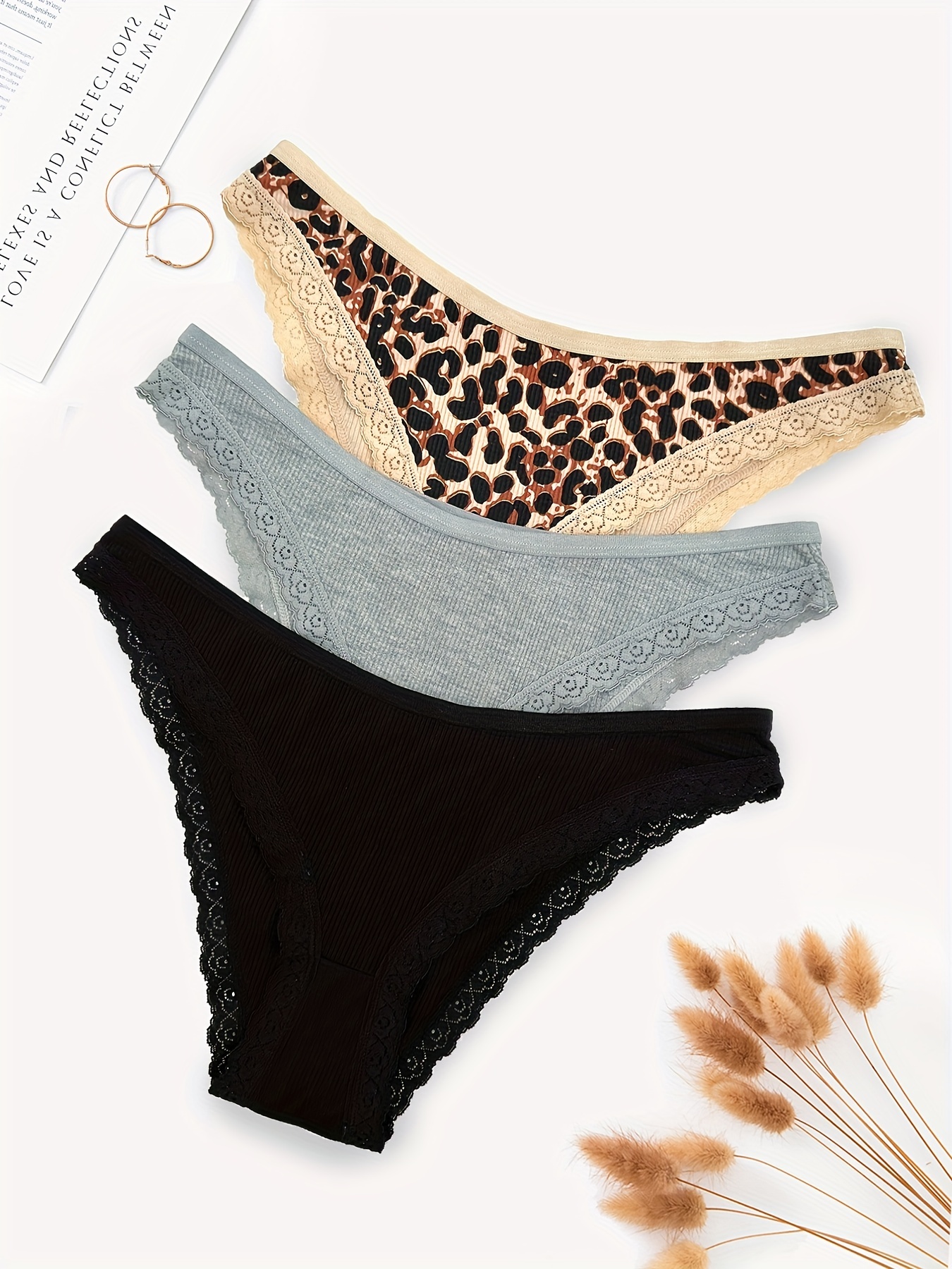 3pcs Lace Trim Briefs, Comfy & Breathable Stretchy Intimates Panties,  Women's Lingerie & Underwear