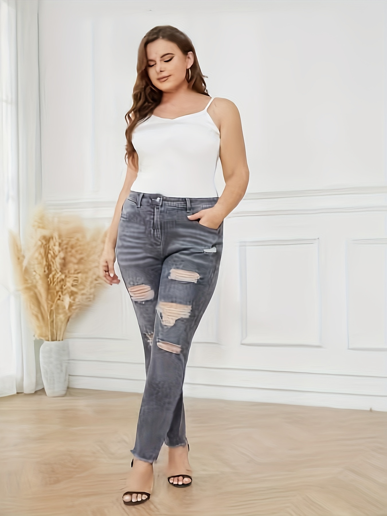Plus Size Casual Jeans, Women's Plus Ripped Button Up * Hem High Stretch  Slim Fit Washed Denim Pants