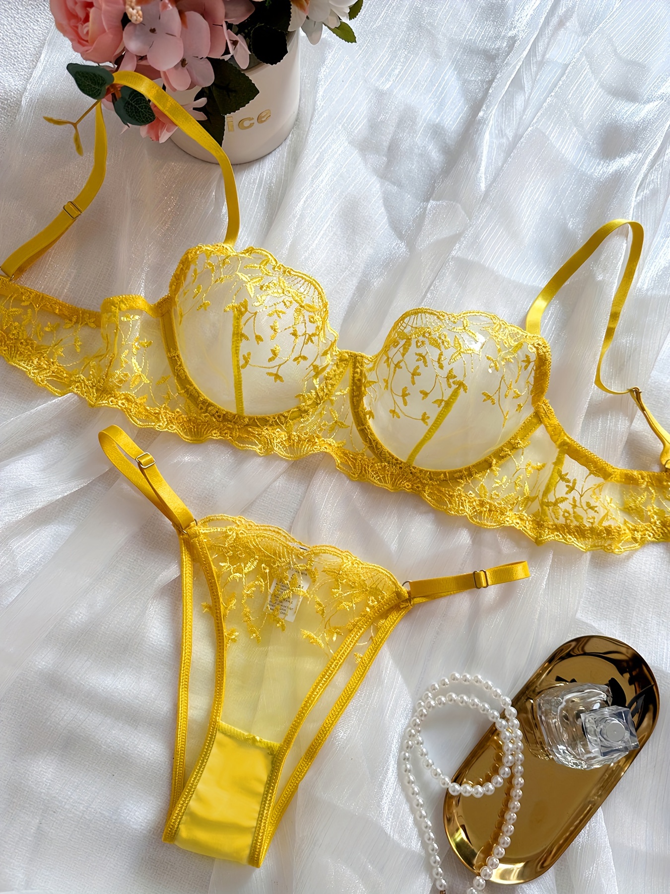 Beautiful Yellow See Through Embroidery Lace Bra Thong Panties Set Sexy  Lace Embroider Flower 2 Piece Lingerie Set - China Bra and Women Sexy  Lingerie price