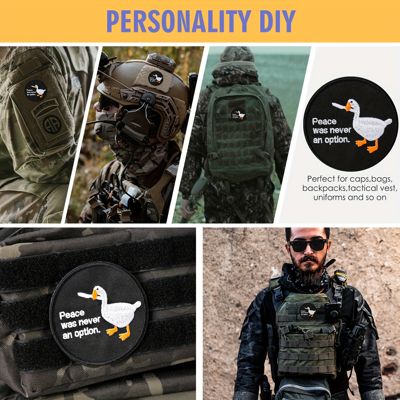 Velcro Patches Tactical Embroidery Patch,Peace was Never an Option Morale  Patches,Funny Duck Bite Knife Badge Applique Patches for Jacket Clothes