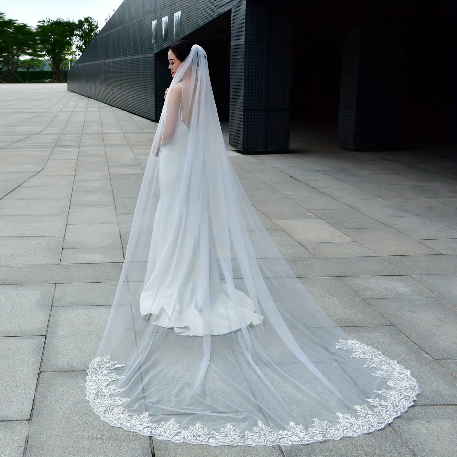 Long Lace Wedding Veil Long White Cathedral Style Bridal - Temu