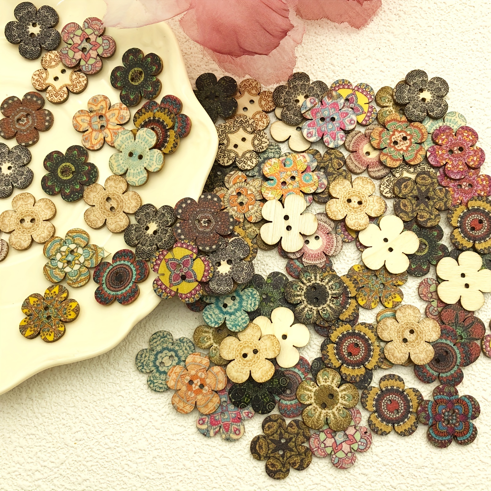 50Pcs/lot flower Button Craft Scrapbook Accessories 2 Holes Wooden Buttons  Decorative Scrapbooking