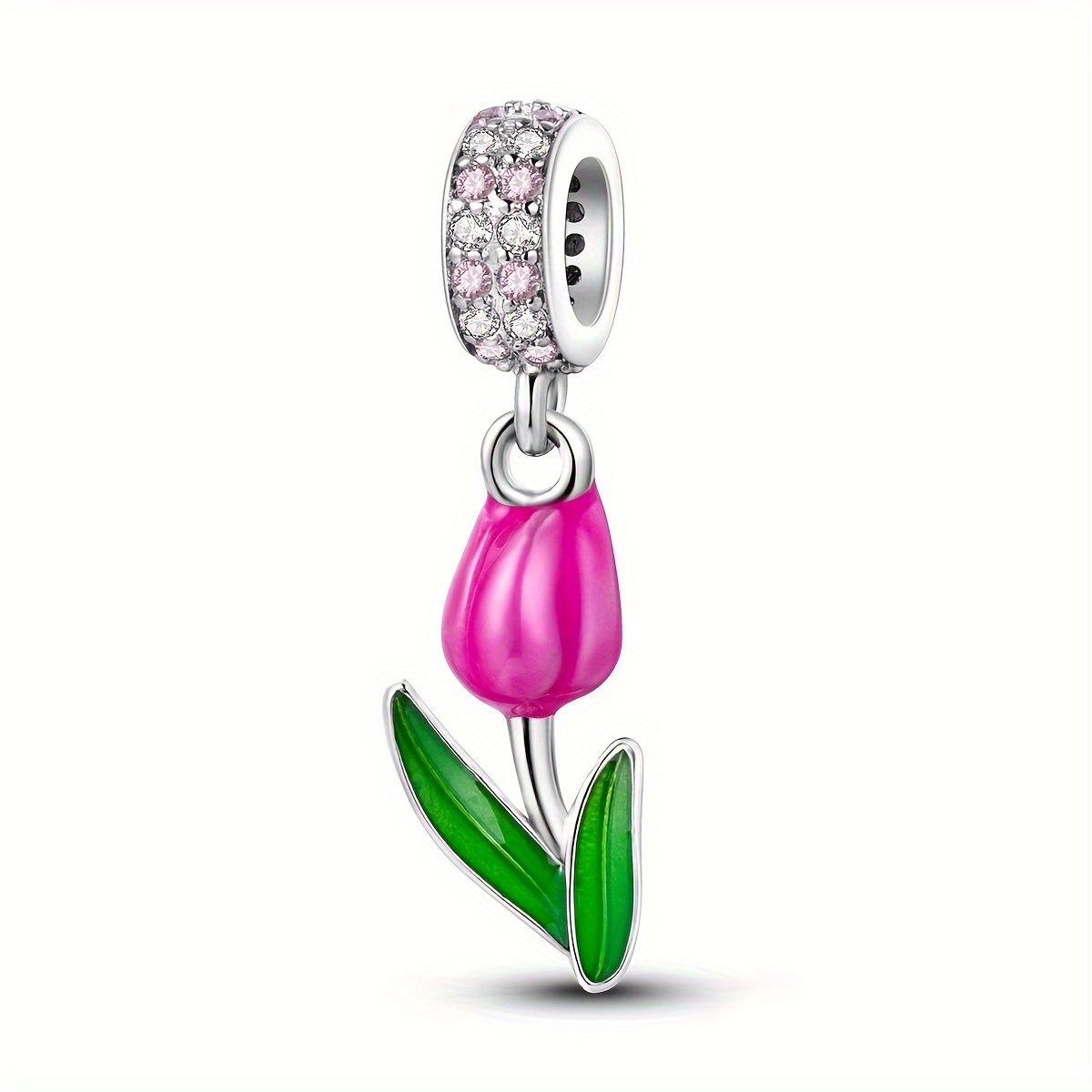 E-shop MULA . 925 Funkelnder Eleganter Rosa Emaille-Tulpenblüten-Anhänger-Charm passend für Schlangenarmband, Halsketten-Perlen für