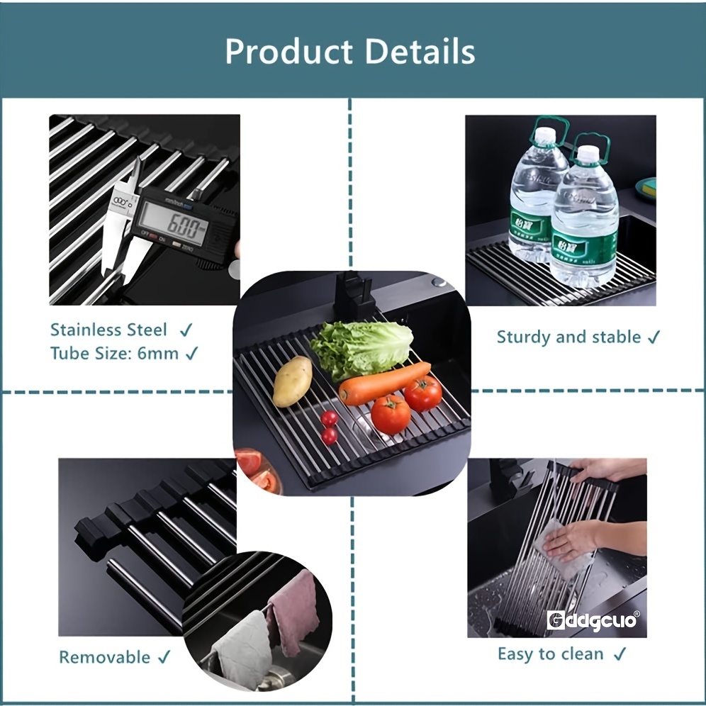 1pc multifunctional dish drying rack stainless steel over the sink roll up dish drying rack heat resistant non slip detachable utensil rack for cups fruits and vegetables details 3