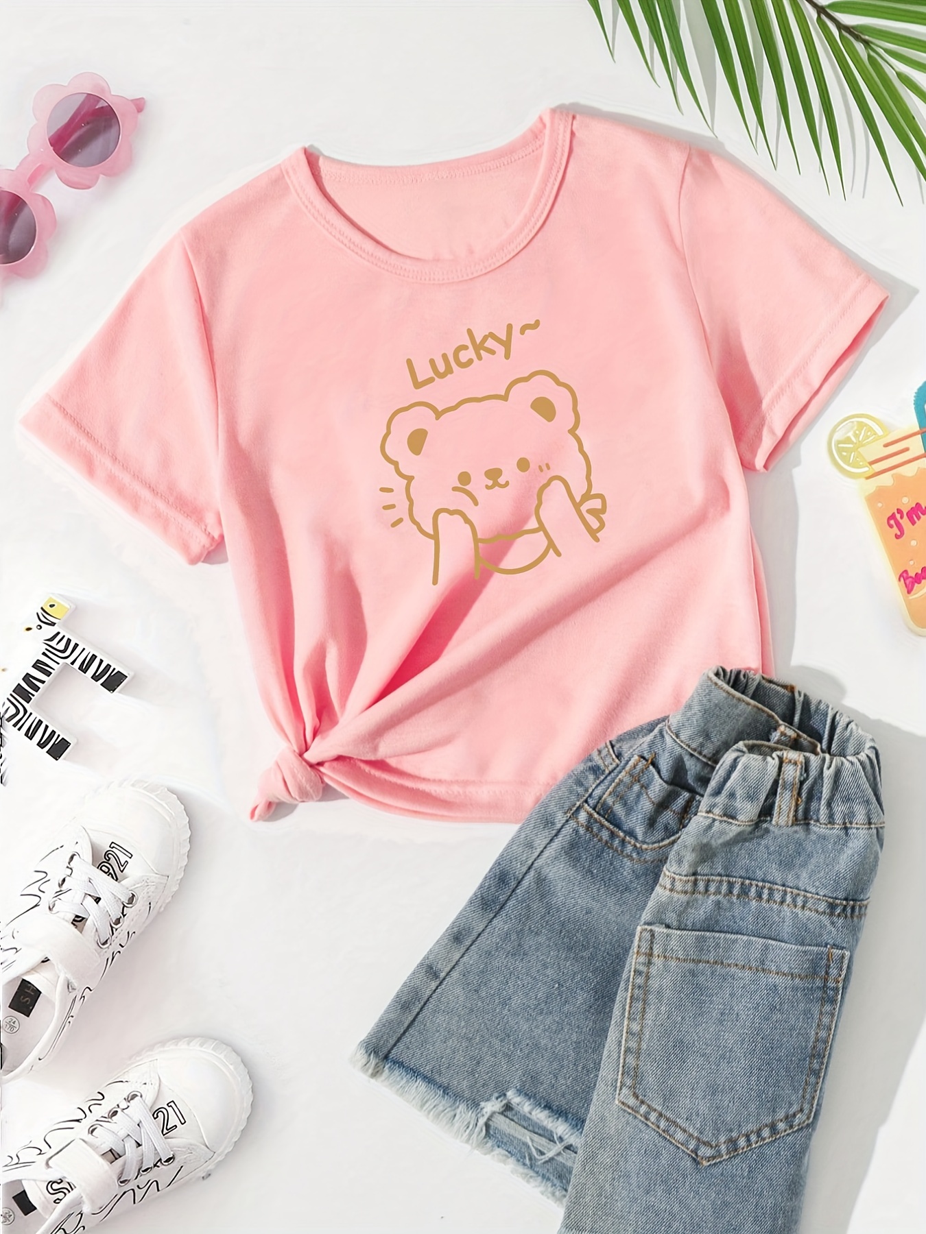 Girls' Lucky Bear Graphic Short Sleeve T shirt Stretch Comfy - Temu