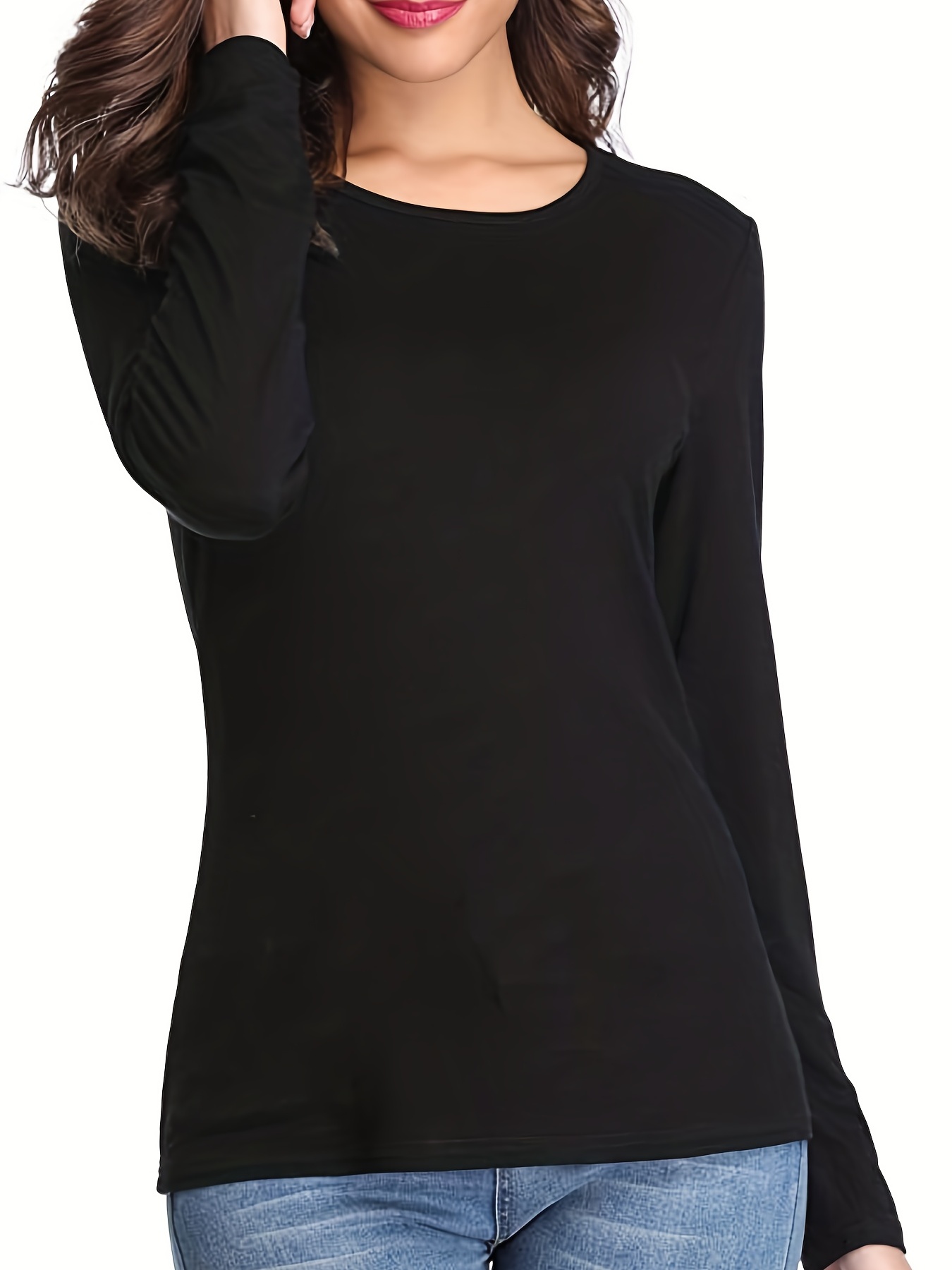 solid crew neck t shirt casual long sleeve lim top for spring fall womens clothing black 3