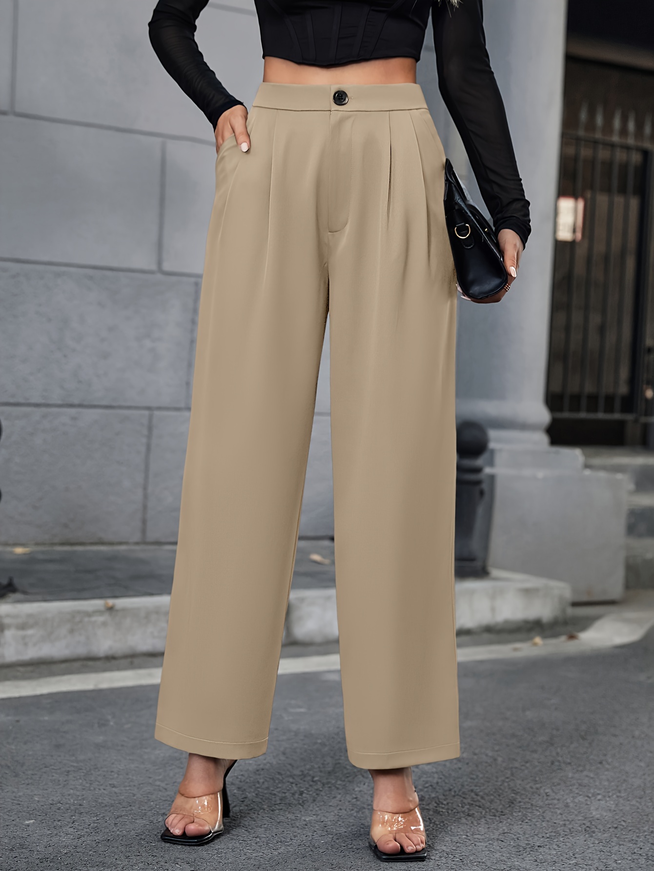 Pantalones Cintura Alta Sólidos Elegantes Pantalones - Temu