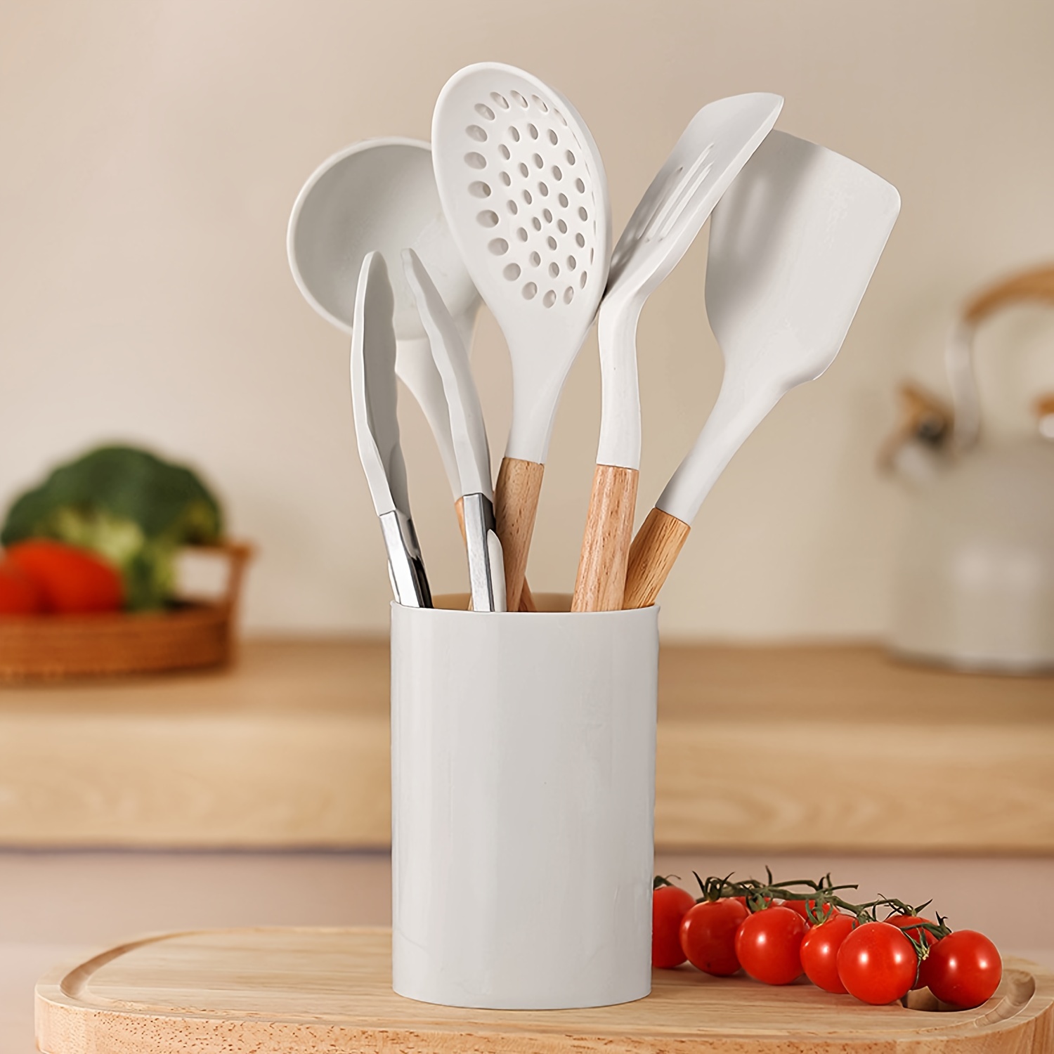 White Silicone Kitchen Utensil Set With Wooden Handle - Temu South