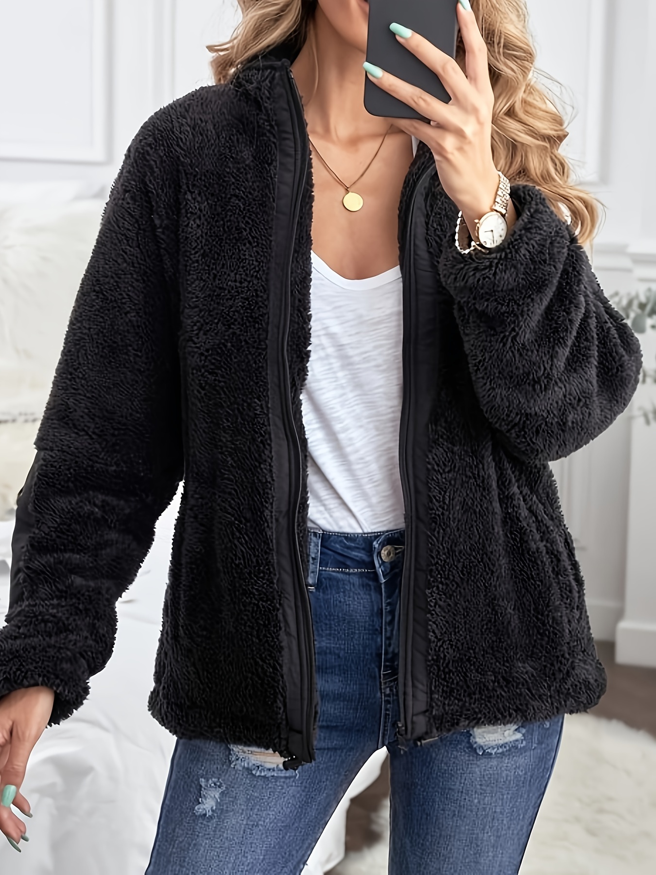 Solid Faux Fur Trucker Jacket, Casual Long Sleeve Jacket For Fall & Winter,  Women's Clothing - Temu