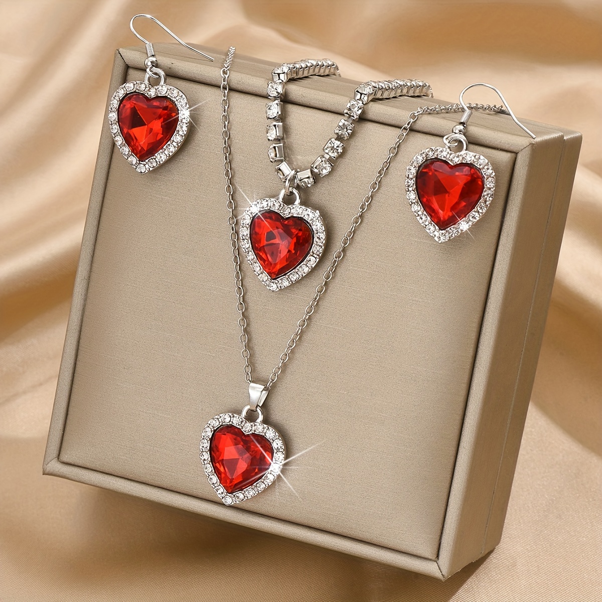 TEMU Fashionable And Easy Peach Heart Necklace, Earrings, And Bracelet 4pcs Set, Valentine's Day, Christmas, Girlfriend, Best Friend Gift (product