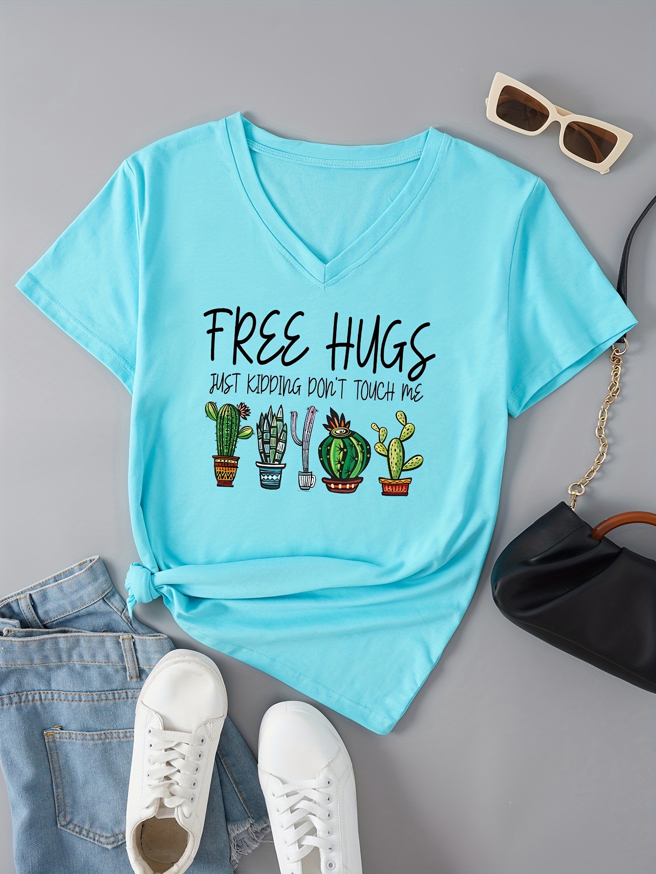 Potted Plant Print V Neck T shirt Casual Short Sleeve Top - Temu Canada