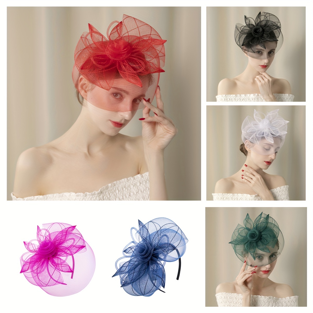 1pcs Women Flower Veil Mest Feather Fascinator For Christmas Halloween Party Horce-Racing Wedding Hat Derbyhat With Headband details 0