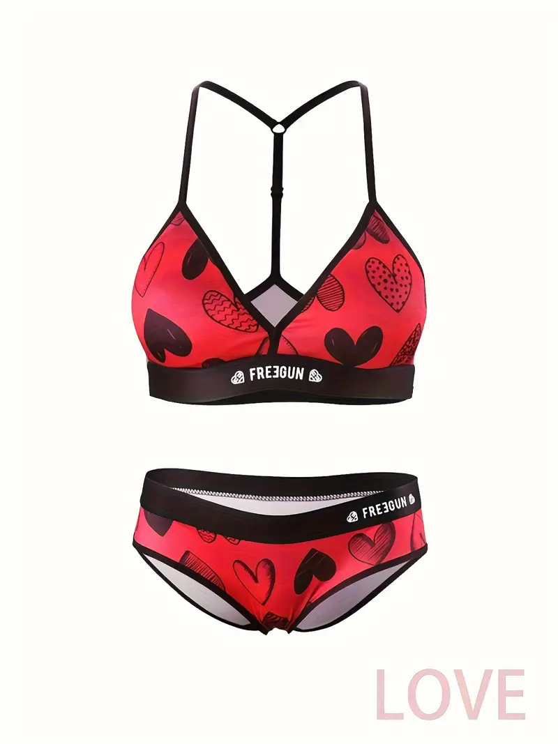Valentine's Day Heart Print Bra & Panties, Triangle Halter Bra & Panties  Lingerie Set, Women's Lingerie & Underwear