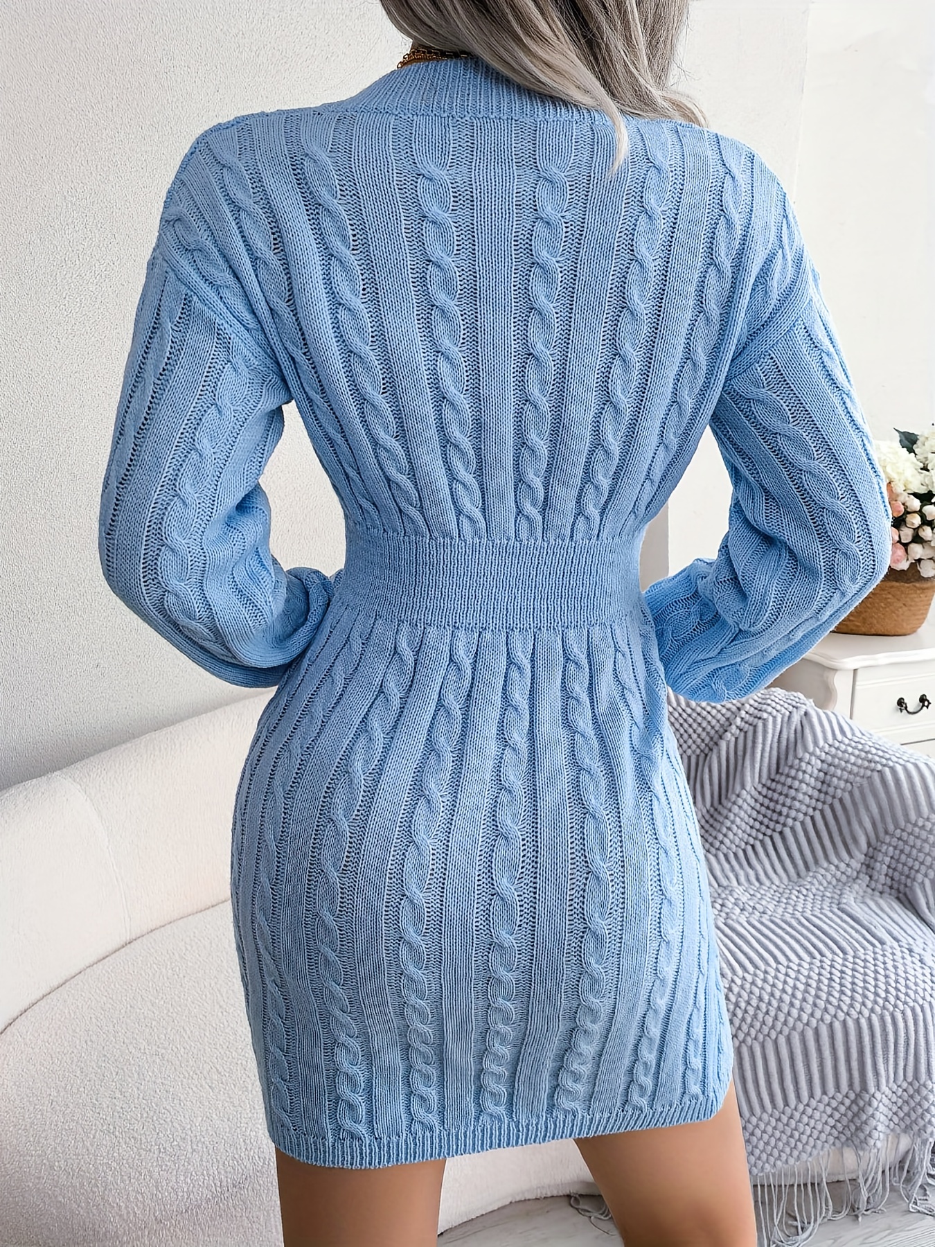 Cable Knit Sweater Dress, Casual Solid Long Sleeve Dress, Women's