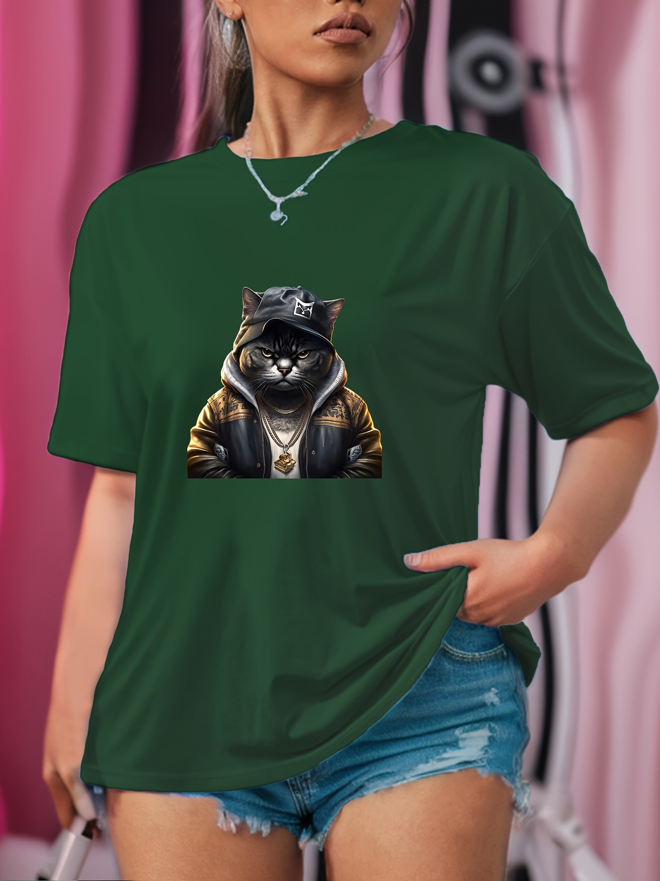 Plus Size Cat Print T shirt Casual Short Sleeve Top Spring - Temu