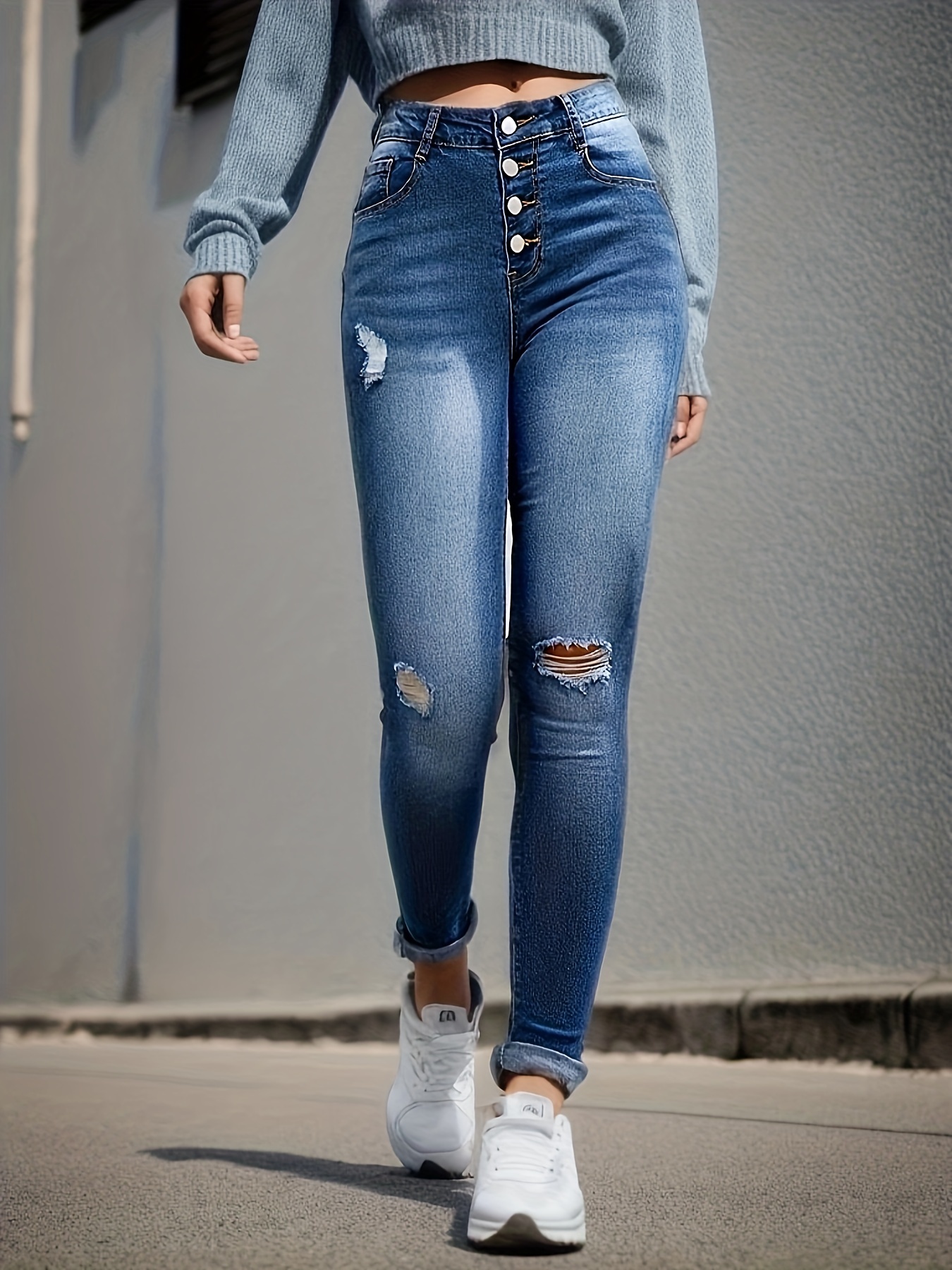 Blue Ripped Holes Tight Jeans, Slim Fit Single-Breasted Button Slant  Pockets Skinny Jeans, Women's Denim Jeans & Clothing