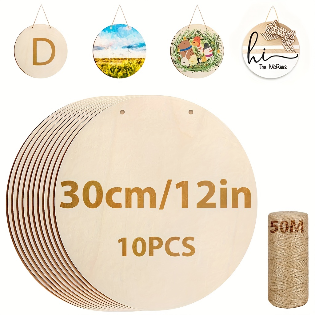 10 Pcs Wood Circles for Crafts 12 inch Unfinished Wood Rounds DIY Wooden Blank Sign with Hemp Rope Multipurpose Wooden Round Blanks for DIY Crafts