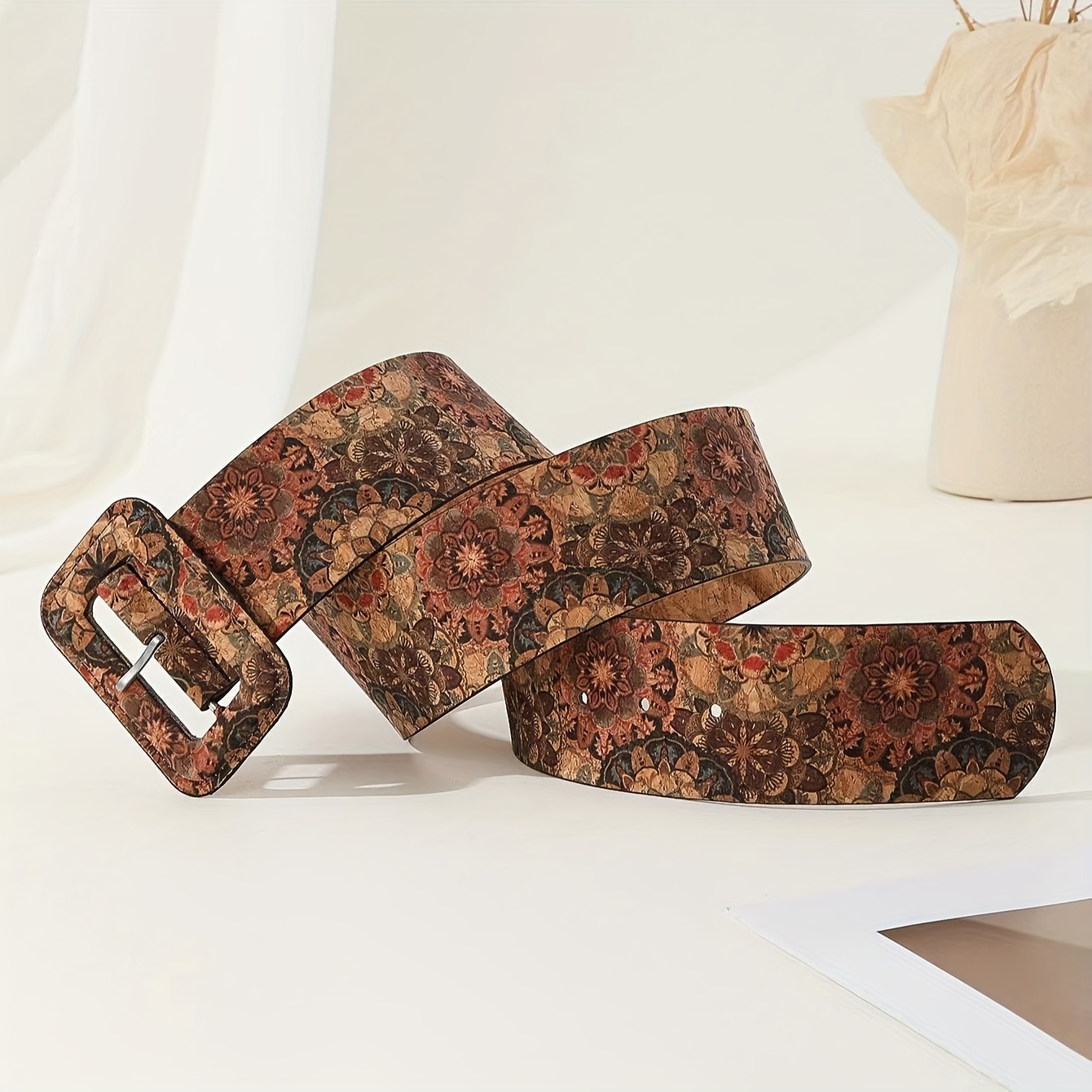 Boho Floral Graphic Wide Belts Vintage Brown Pu Waistband - Temu