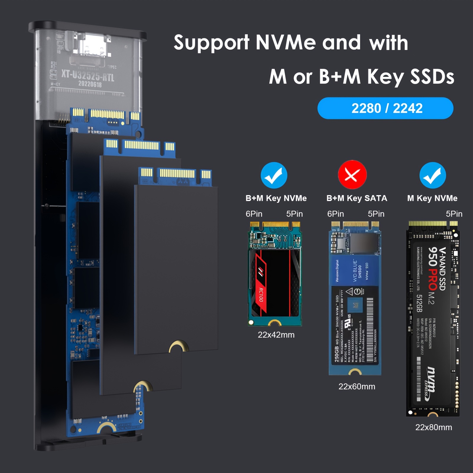 PC-HDE16 CHOETECH Boîtier SSD M.2 NVMe, USB 3.1 Gen 2 [10 Gbit/s] vers NVME  PCI-E M-Key Solid State Drive SSD Adaptateur de boîtier externe Prise en