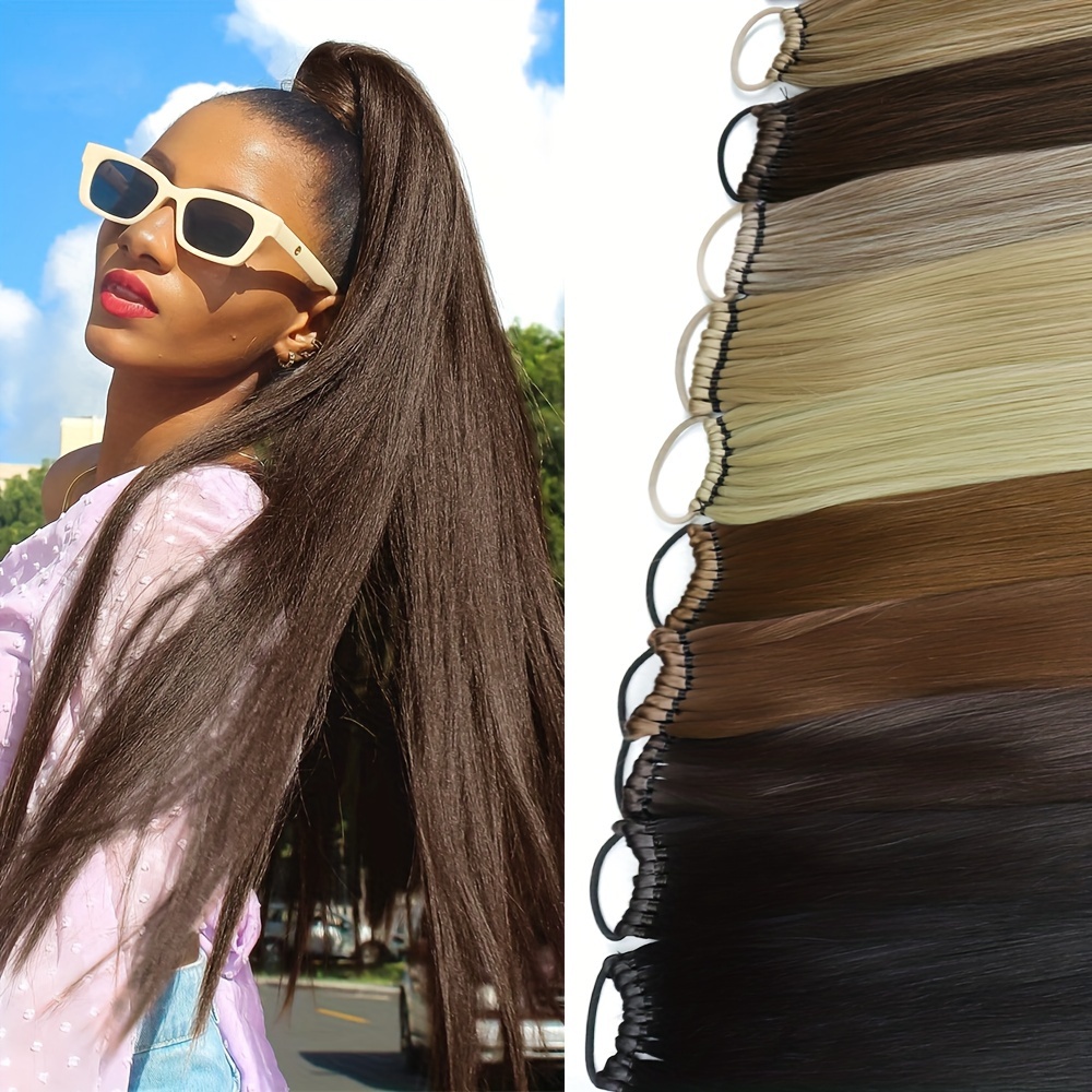 24 inch synthetic ponytail extensions black natural braided pony tail hairpiece long straight rubber band hair for women halloween 0