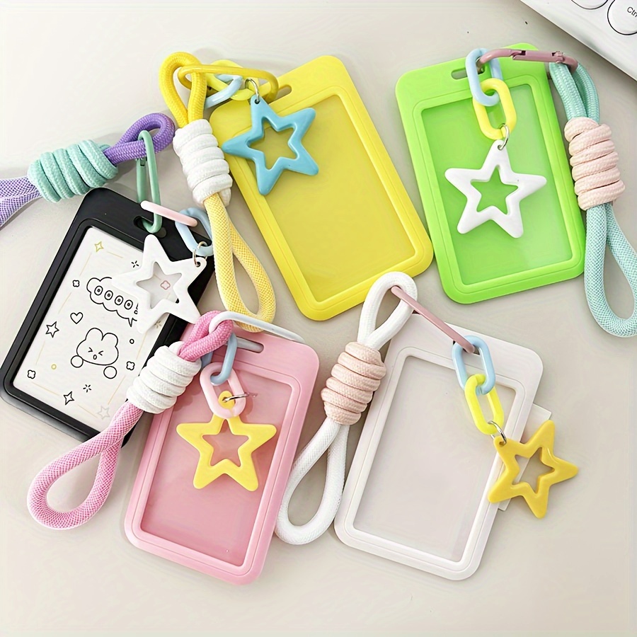 

1 Set Abs Sliding Cover Case, Macarone Star Series 3 Inch Card Holder With Rope Keychain, Fit For School Cards, Postcards, Bag Pendant