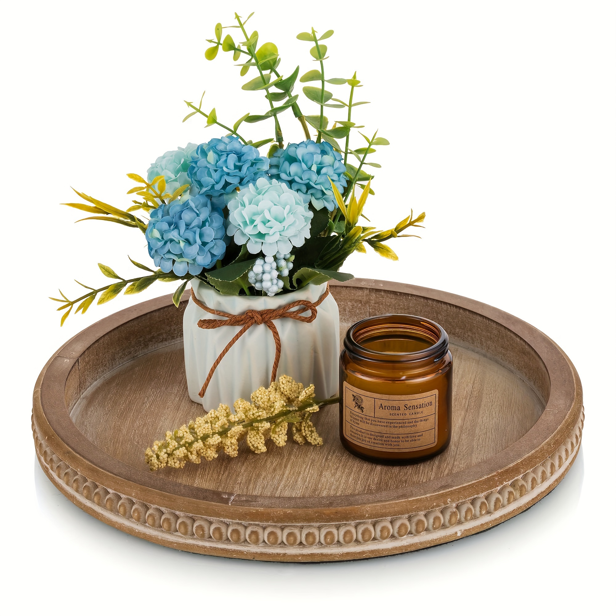 Round Wood Tray/w Wood Bead Garland - 13 Decorative Trays for Home Decor -  Round Wooden Tray with Handles - Wooden Round Tray for Kitchen Counter.