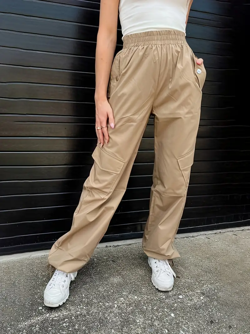 Solid Elastic Waist Pants, Vintage Flap Pockets Cargo Pockets, Women's  Clothing
