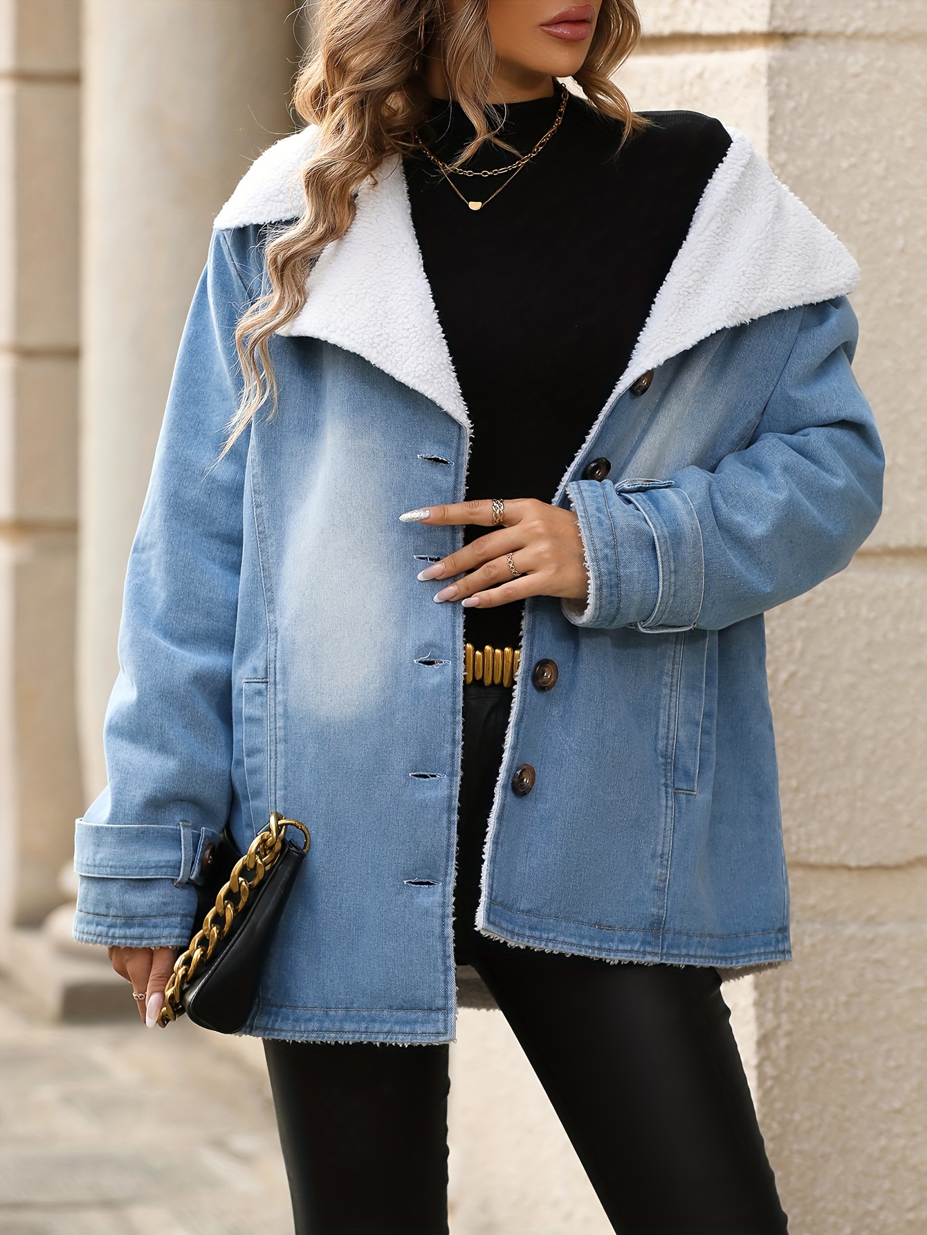 shawl collar fleece liner denim jacket long sleeves keep warm fashion denim coat womens denim clothing light blue 3