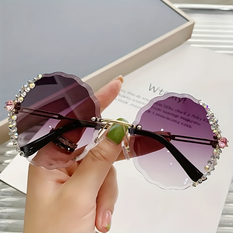 Rhinestone Decor Rimless Sunglasses Gradient Lens Flower Shaped Round Glasses