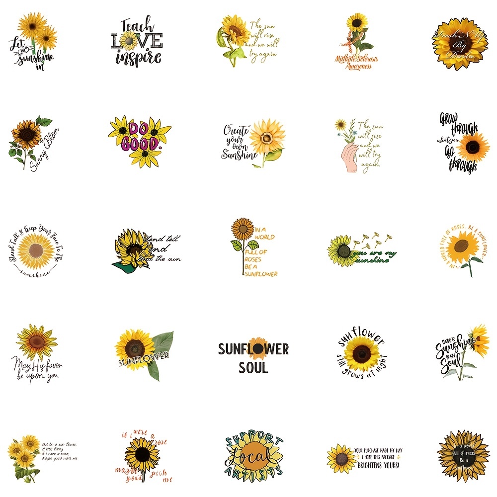 50pcs Sunflower & English Letter Stickers, Small Fresh Style