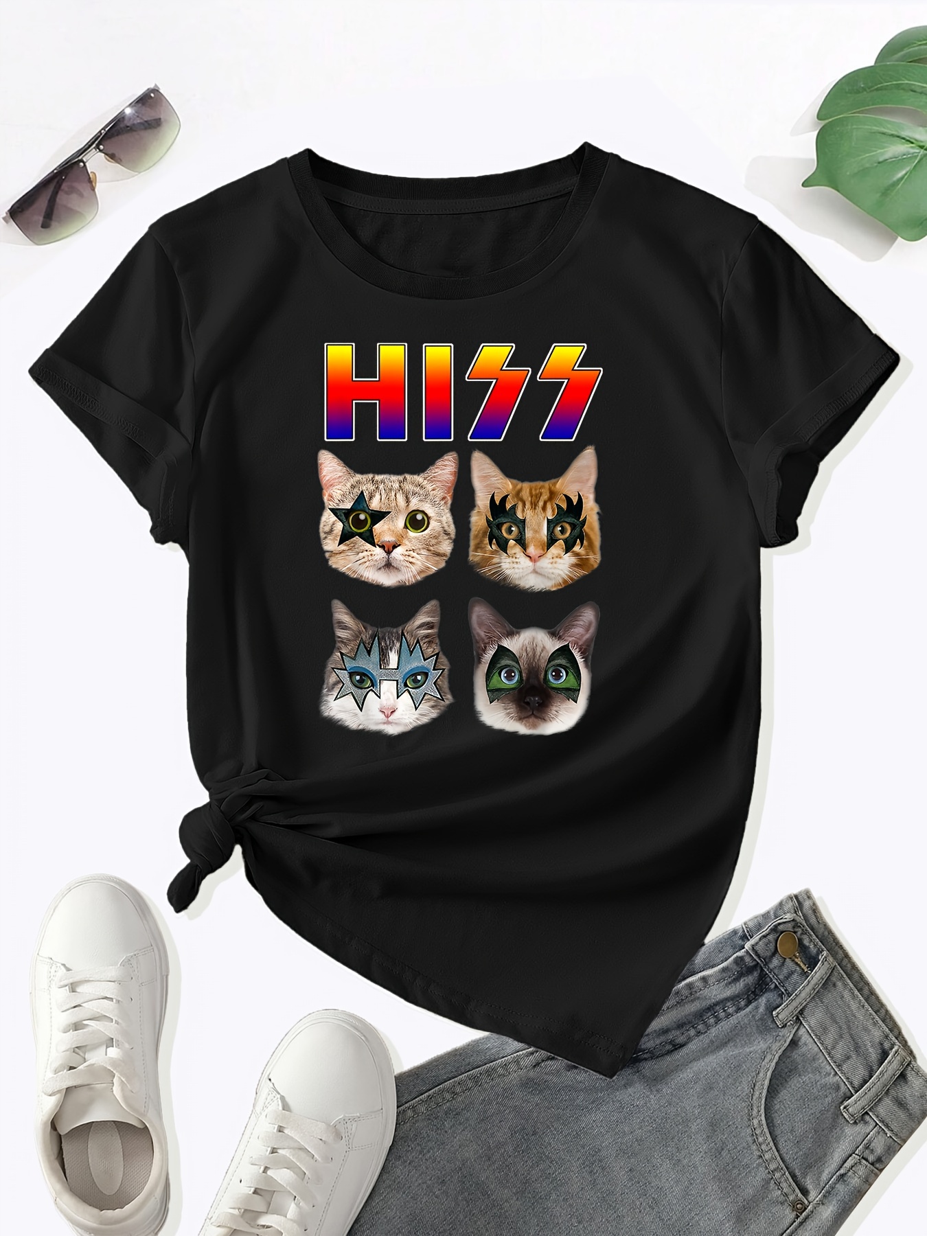 Cat Print Crew Neck T shirt Casual Short Sleeve T shirt - Temu