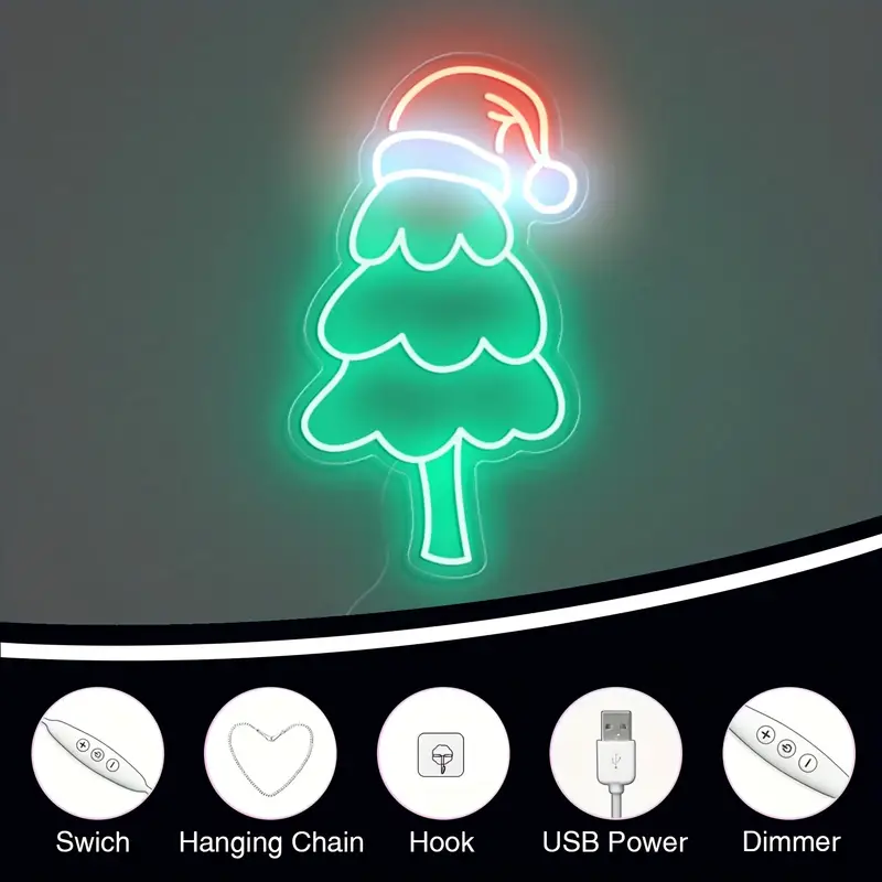 1pc christmas neon sign usb powered tree santa claus snowflake sock reindeer bell gift led light for christmas decoration party events led neon light for indoor decor home bar tree with hat details 4