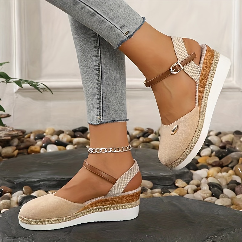 

Women's Soldi Color Trendy Sandals, Ankle Buckle Strap Platform Comfy Shoes, Closed Toe Versatile Wedge Shoes