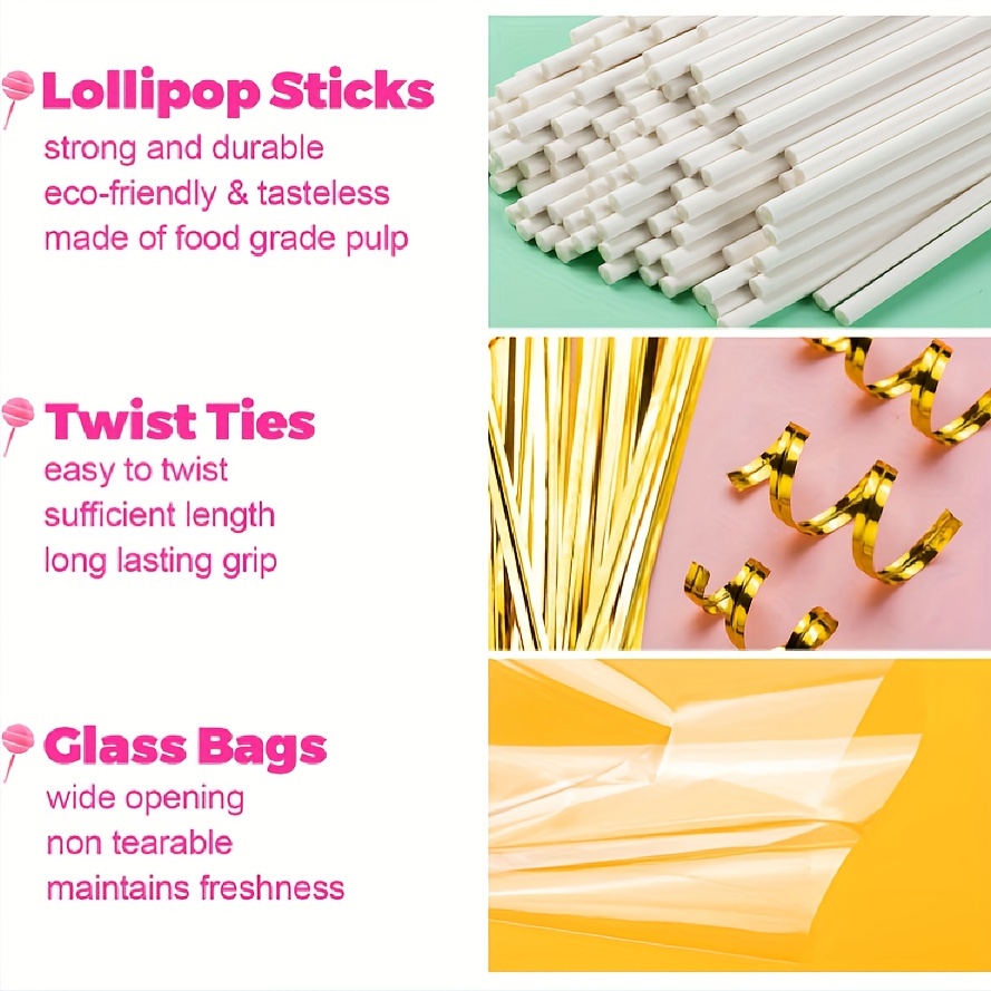 ZHBDMGK 600pcs Lollipop Stick, 6in Cake Pop Sticks with Clear Treat Bags & Gold Twist Ties, Cake Pops Making Tools for Lollipops, Candie
