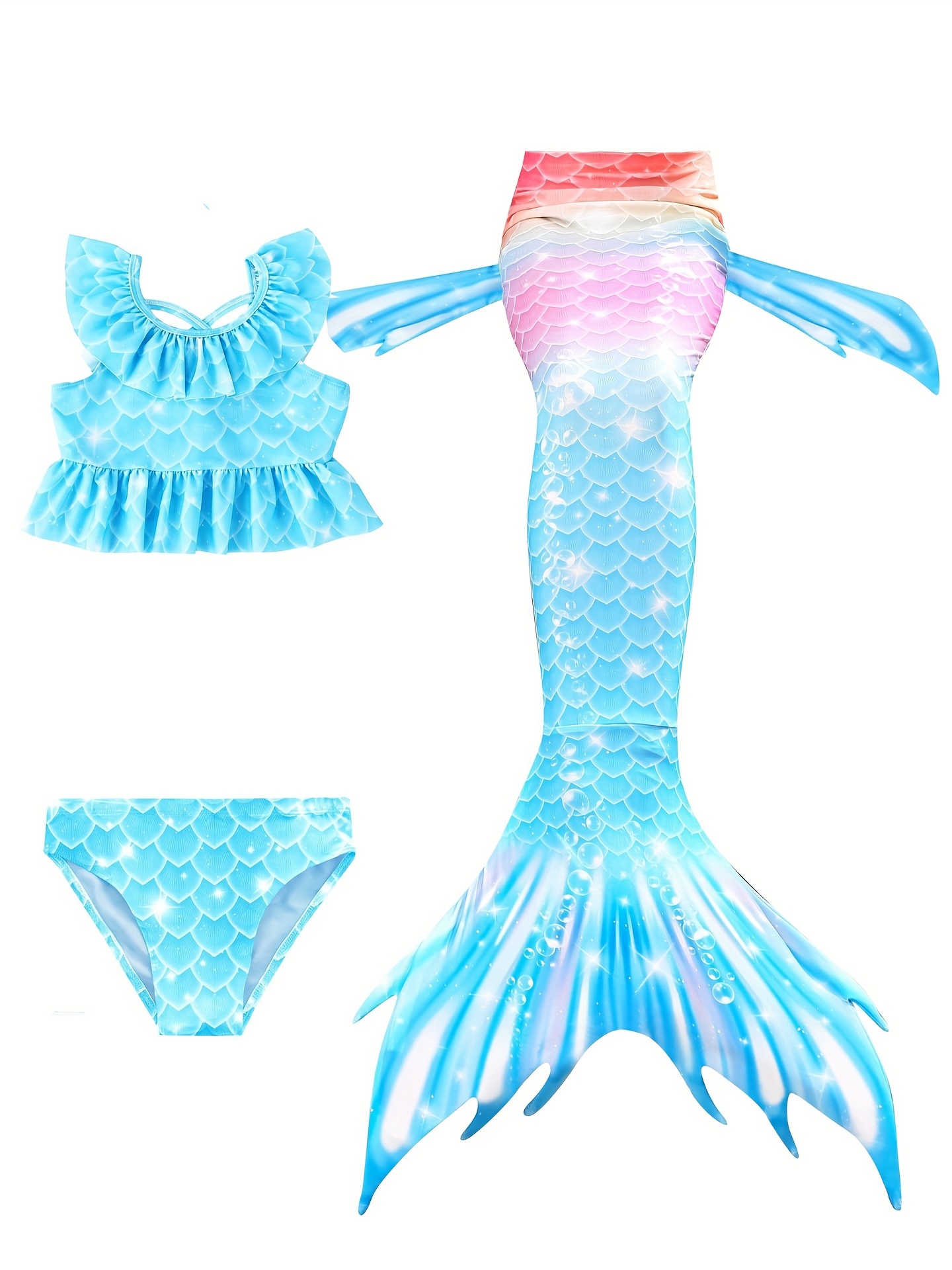 Girl's Mermaid Swimsuit 3pc Ruffled Bikini Set & Mermaid Tail