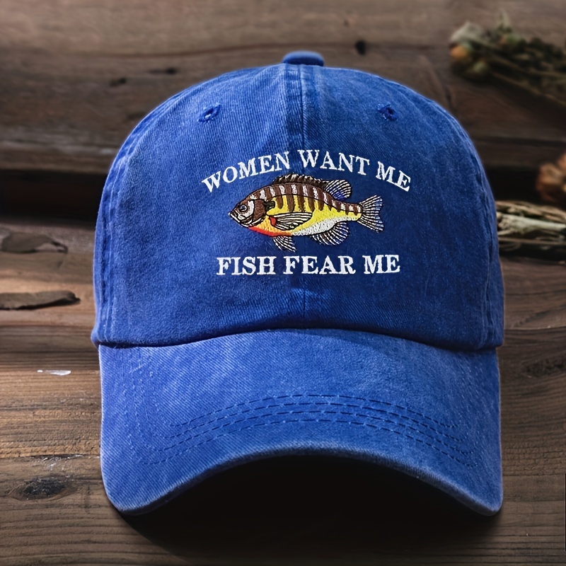 Women Want Me Fish Fear Me Hat Vintage Printed Baseball Solid Color Washed Distressed Dad Hats For Women Men