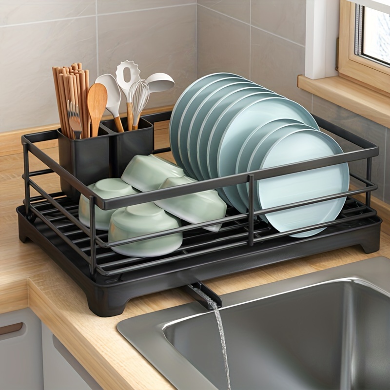 Escurridor de platos de acero inoxidable para encimera de cocina con  soporte para cubiertos, organizadores de cocina y almacenamiento, color  negro