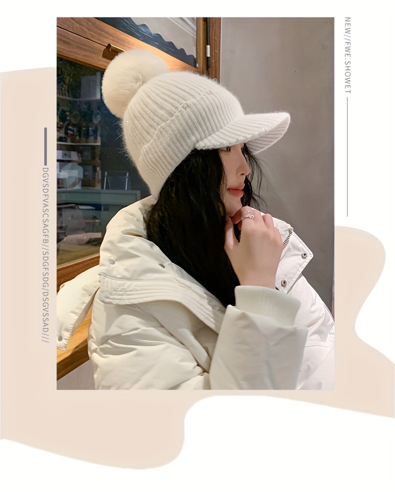 Elegant Coldproof Beanie With Pom Faux Pearl Pom Decor Knit - Temu