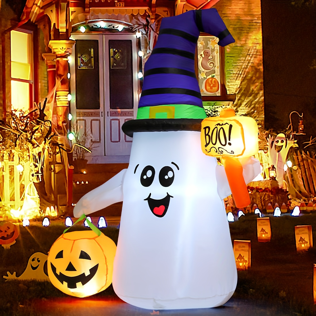 inflatable halloween cute ghost with pumpkin blow up inflatable halloween outdoor yard decoration for indoor outdoor yard party halloween decor light details 3