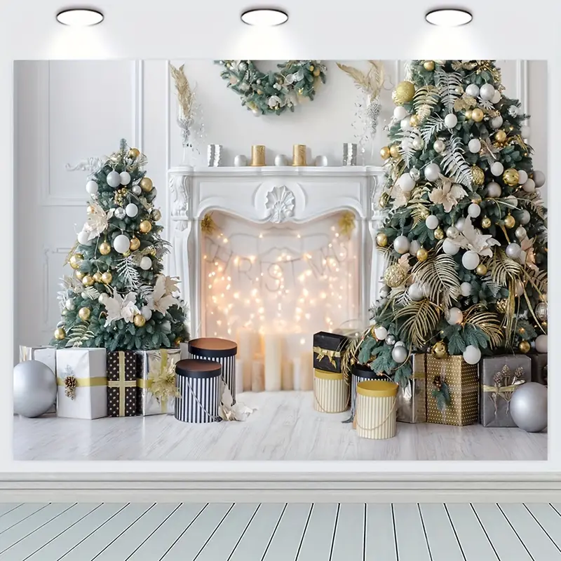 1pc christmas white fireplace gift christmas tree photography backdrop vinyl indoor living room winter christmas photography backdrop new years eve party photo studio props christmas decor christmas party decor supplies 7x5ft 8x6ft details 1