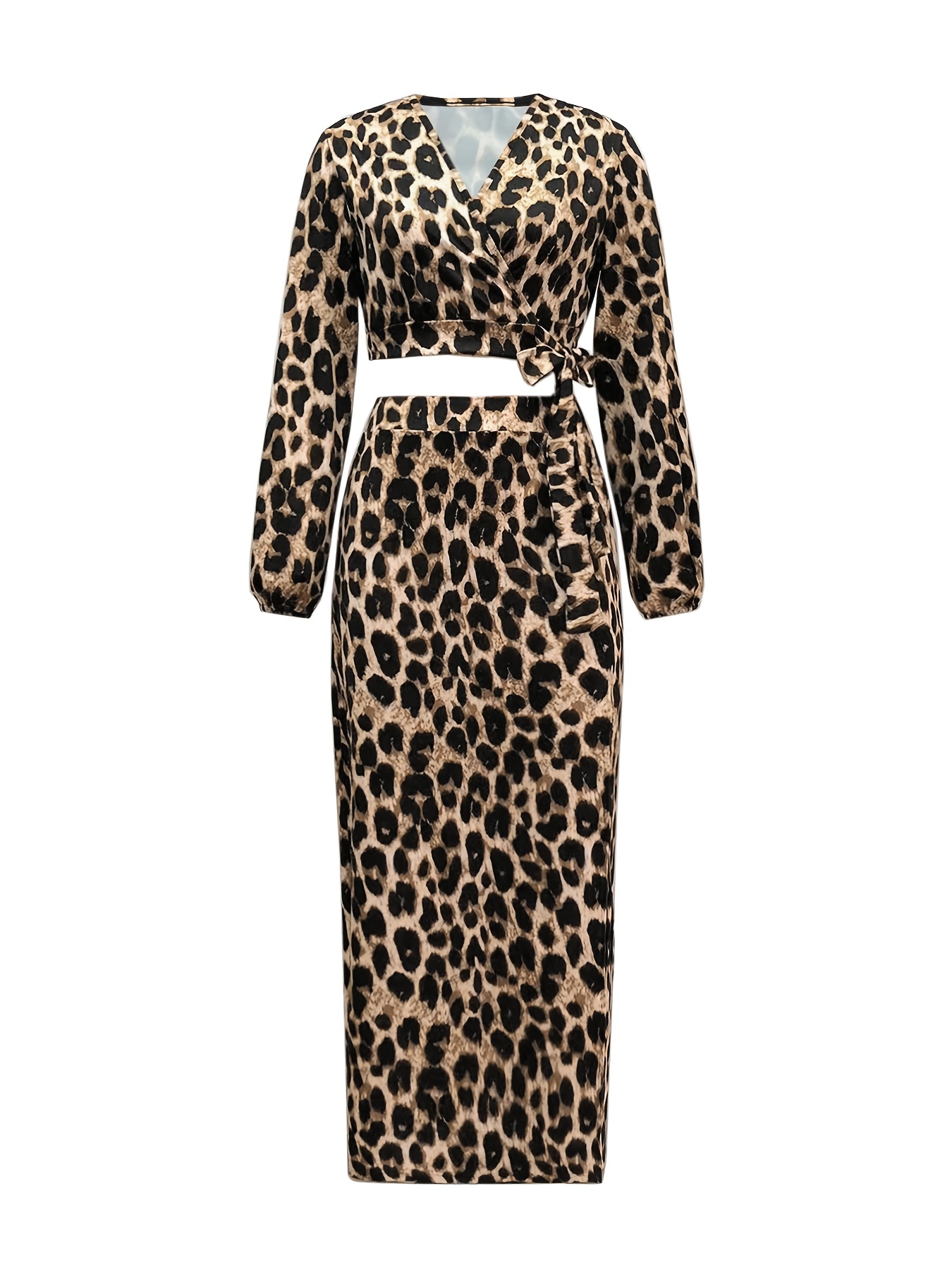 leopard print matching two piece set long sleeve knot crop top split thigh maxi skirt outfits womens clothing details 2