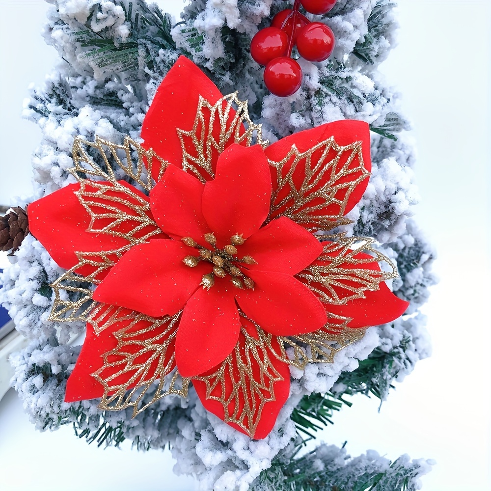 

12pcs, Multicolor Christmas Flower With Golden Powder - Festive Holiday Decorations For Christmas Tree, Garland, And Home Decor