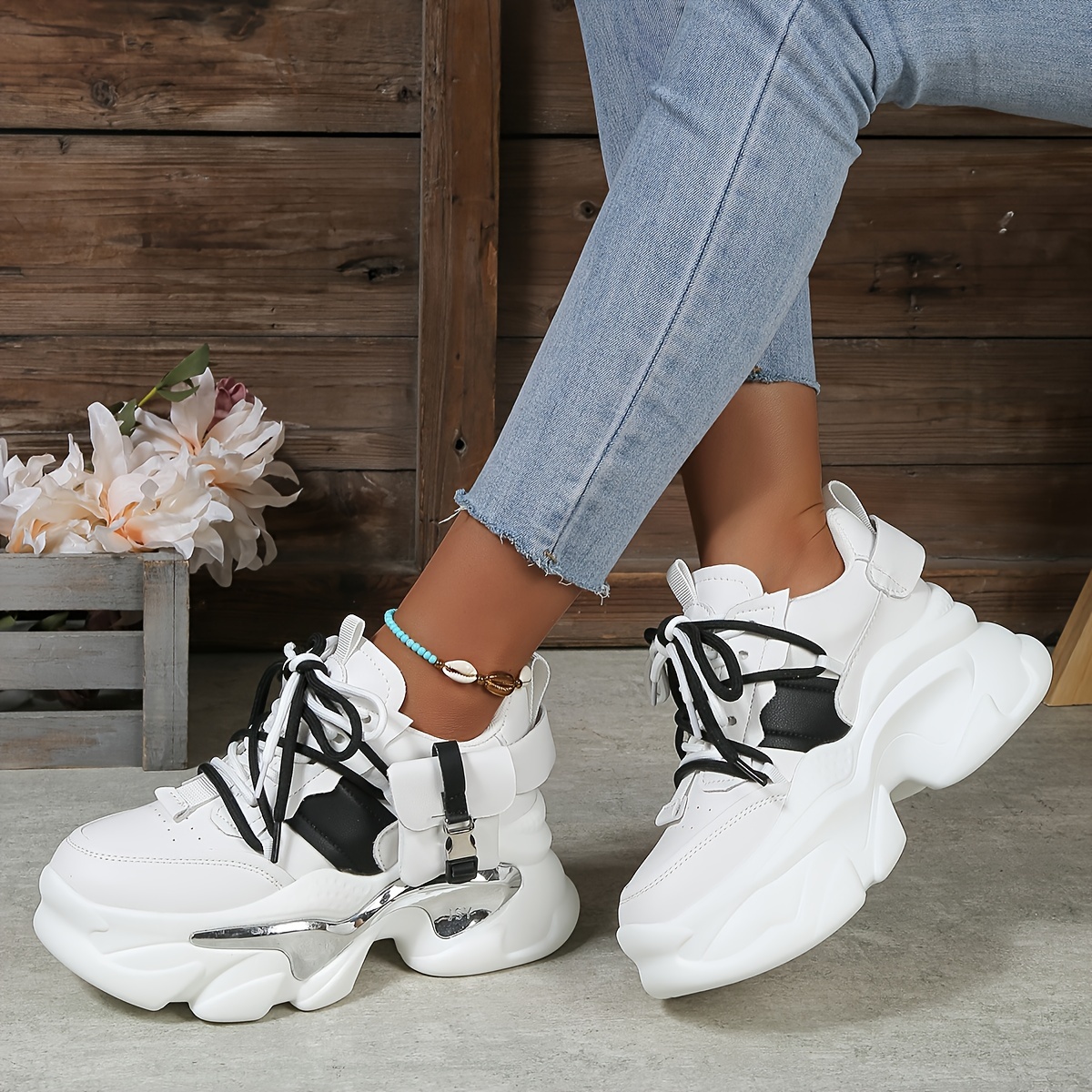 Women's Two Tone Chunky Sneakers Trendy Lace Platform Low - Temu