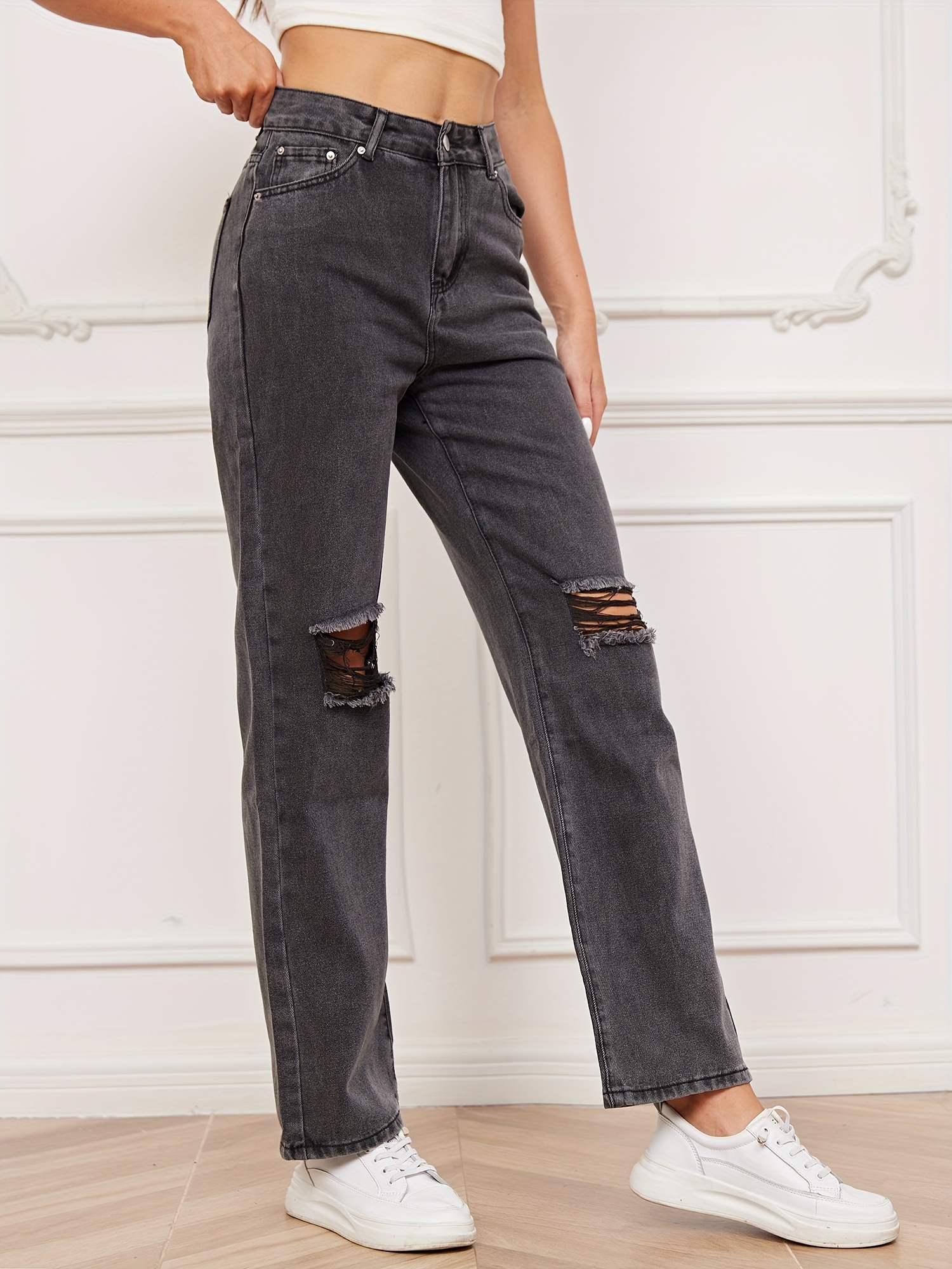 Pantalones rectos rasgados de cintura media para mujer, Jeans