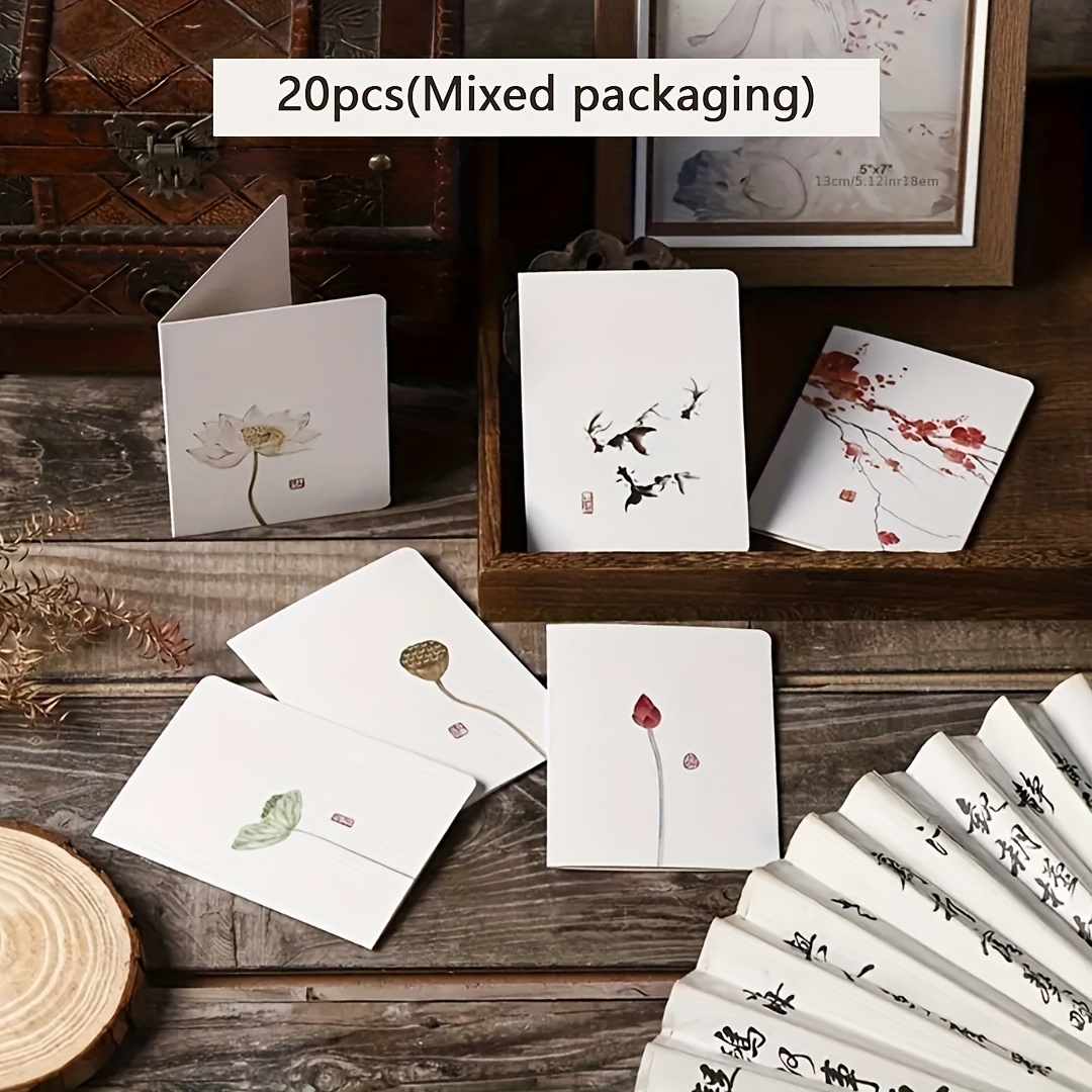 Image of 20pcs Chinese Style Greeting Cards, Mixed Colors, Creative Small Vintage Design, Handwritten Birthday Gift Cards For , New Year's Occasion