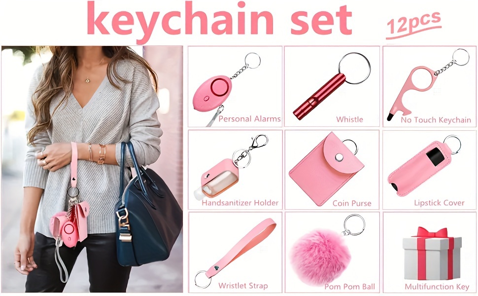  Safety Keychain Set for Women and Kids, 10 Pcs Safety Keychain  Accessories, Self Defense Keychain Set for Girls with Safe Sound Personal  Alarm, No Touch Door Opener, Whistle and Pom, Pink 