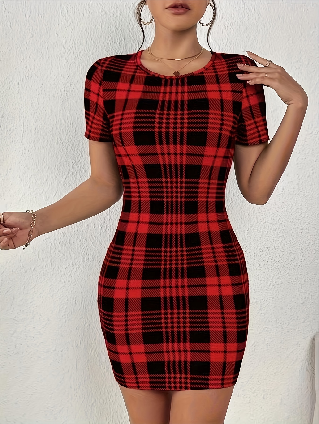 1pc Elegant Women'S Short Sleeve Dress, Polyester Knit Plaid Print, Round  Neck, Fitted Summer Dress for Adults