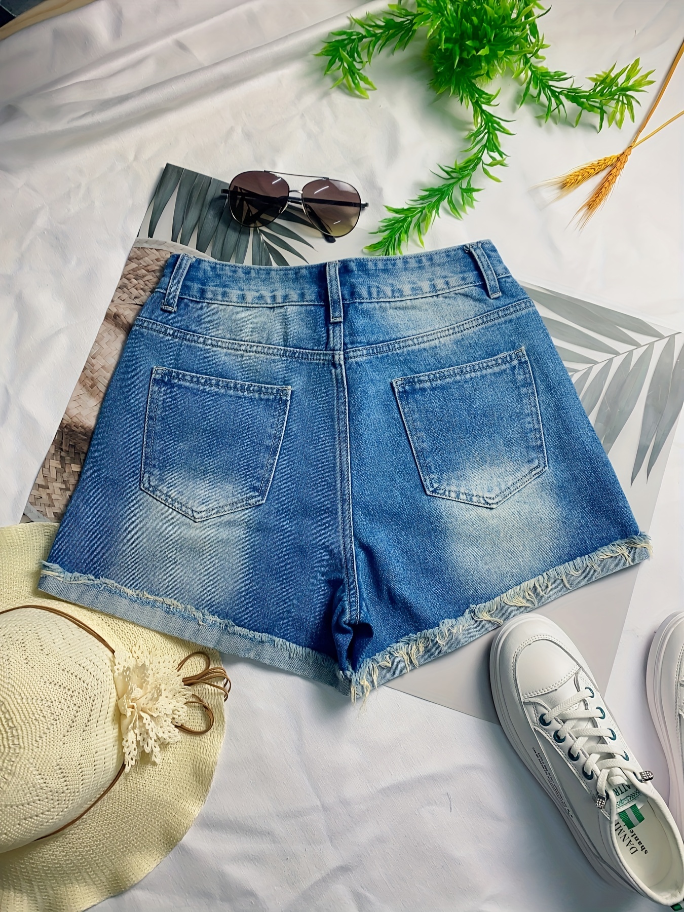 Ripped Distressed Frayed Hem Denim Shorts, Vintage Style Cuffed