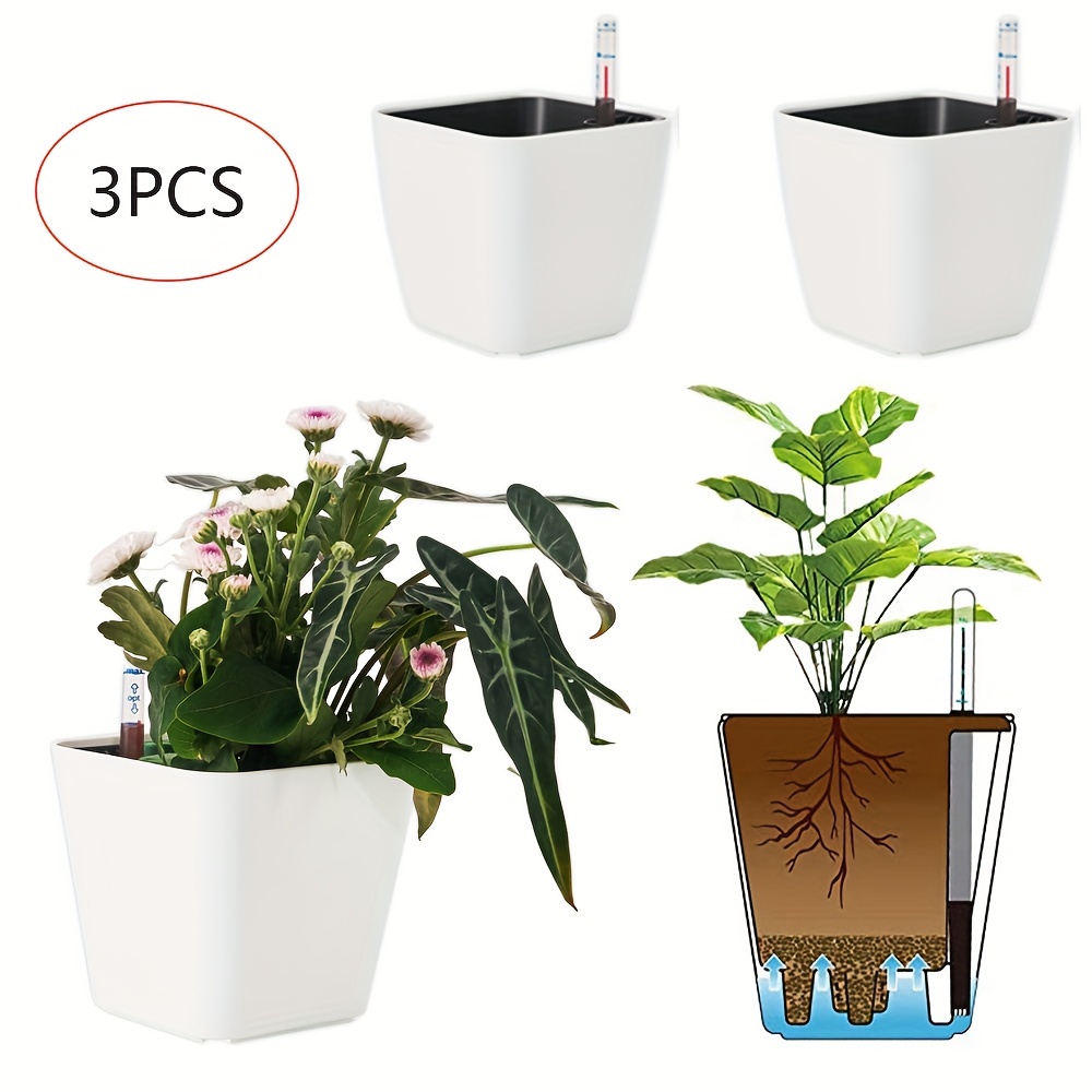 

3pcs, Self Watering Planter With Water Level Indicator, 5 Inch Plastic Plant Flower Pots Nested Container For Indoor Plants, Herbs, Aloe, Outdoor Gardening