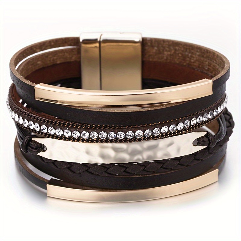 

1pc Bar Charm Pu Leather Bracelet For Men, Braided Rope Wide Multi Layer Wrap Bracelet Jewelry